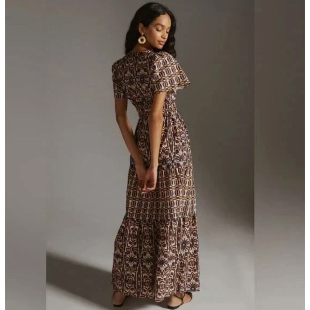 ANTHROPOLOGIE The Somerset Maxi Dress Cotton Geometric Navy Orange Sz M {Y39} - Picture 2 of 8